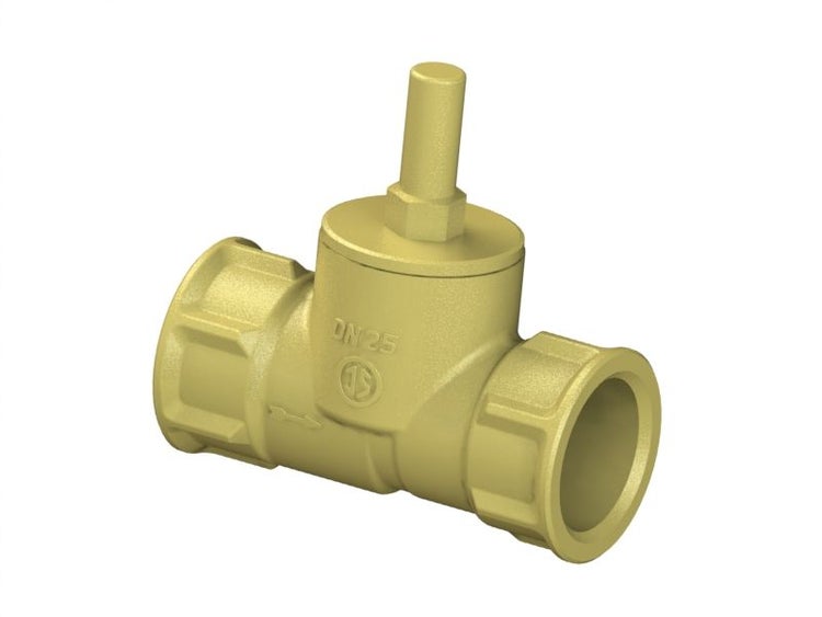 Absperrventil aus Messing, Nennweite 25, für Wasser- und Heizungsinstallationen.