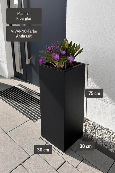 Hoher quadratischer Pflanzkübel aus Fiberglas in Anthrazit vor Hauseingang, Maße 75 mal 30 mal 30 Zentimeter, bepflanzt mit Krokussen.