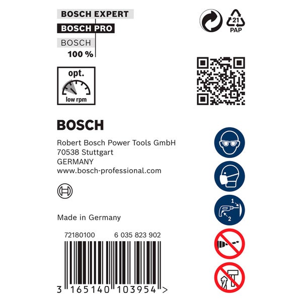 Bosch Experte. Papierverpackungssymbol. QR Code. Symbol für Augenschutz erforderlich. Symbol für Atemschutz erforderlich. Symbol für Bohranleitung. Symbol für Drehbohren verboten. Symbol für Tragen Sie keine Handschuhe.