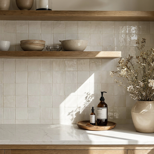 Moderne Küche mit quadratischen Wandfliesen, Holzwandregalen und einer Arbeitsplatte aus Marmor, dekoriert mit Keramikgefäßen und Trockenblumen.