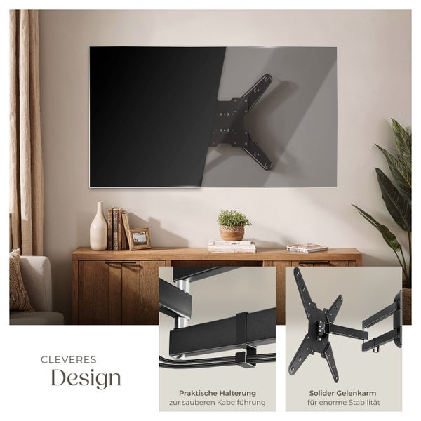 Wohnzimmer mit Fernseher an der Wand und TV-Wandhalterung zur Kabelorganisation