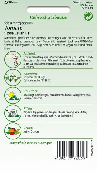 Samentüte Tomate Rose Crush F1 mit Informationen zu Aussaat, Keimung, Standort, Pflege und Ernte