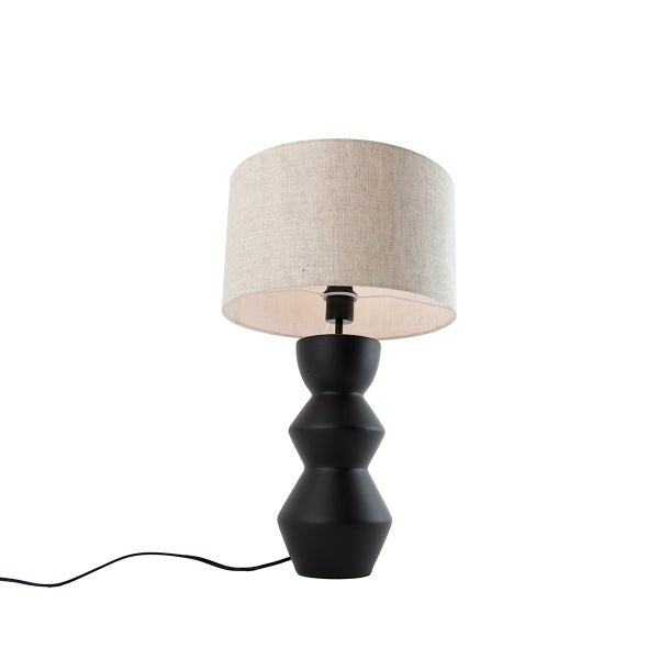 Tischleuchte mit schwarzem, geschwungenem Fuß und Stoffschirm