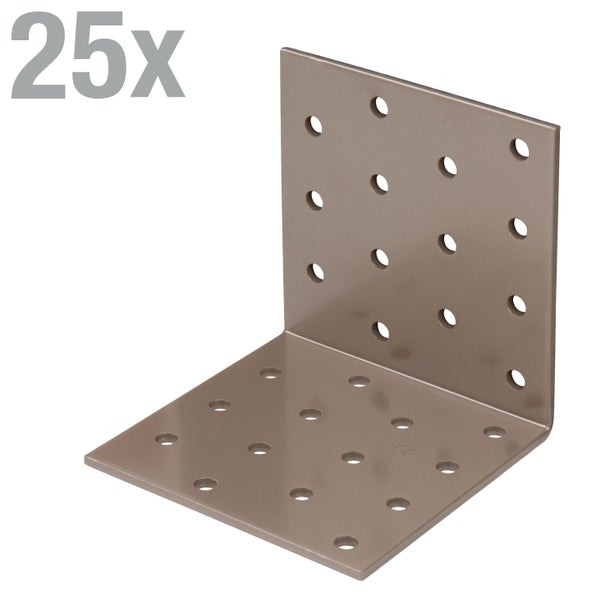 Set aus 25 Lochplattenwinkeln aus Metall für stabile Holzverbindungen.