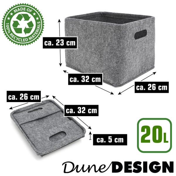 Faltbarer Filzkorb von Dune Design aus recyceltem Material mit 20 Liter Volumen und Maßen von circa 32 mal 26 mal 23 Zentimeter.