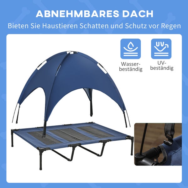 PawHut Erhöhtes Hundebett mit Baldachin, Haustierbett, Hundeliege outdoor mit Dach, Atmungsaktiv, Taftstoff für Camping Dunkelblau 122 x 92 x 108 cm
