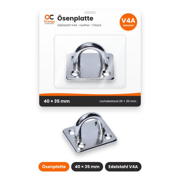 Ösenplatte aus rostfreiem Edelstahl V4A, 40 mal 35 Millimeter, mit Lochabstand 26 mal 20 Millimeter.