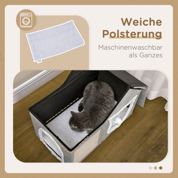 PawHut Katzenhöhle, Katzenhaus mit Kratzfläche, Katzenhütte mit Doppeltüren, Kuschelhöhle mit Kissen, Katzenbett mit Spielball, Polyester, Grau, 65 x 41 x 45,5 cm