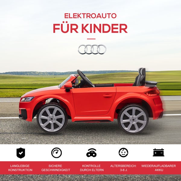 HOMCOM Kinder Elektroauto, 12V, mit 2,4 G Fernbedienung, Audi, mit Scheinwerfer, MP3-Anschluss, bis 3 km/h, für Kinder 3-5 Jahre, 102L x 60B x 44H cm, Kunststoff, Eisen, Rot