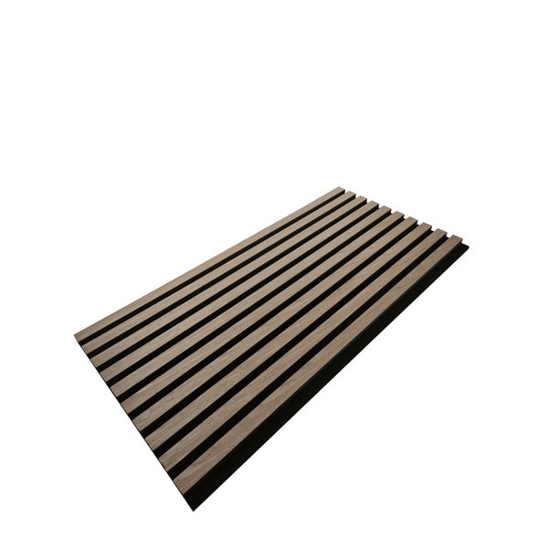 Akustikpaneel mit Holzlamellen in Eichenoptik auf schwarzem Filz für die Wandverkleidung.