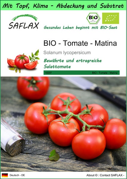 SAFLAX Garden to go - BIO - Tomate - Matina - Solanum lycopersicum - 10 Samen - Mit Topf, Klima - Deckel und Anzuchtsubstrat