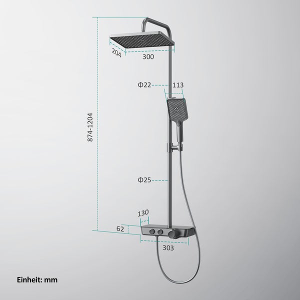 EMKE Duschsystem mit Thermostat, Handbrause mit 3 Strahlstärken, Wasserfall-Auslauf, Duschsäuleset Duschgarnitur mit glasablage, KTW Zertifizieren, Anthrazit Matt