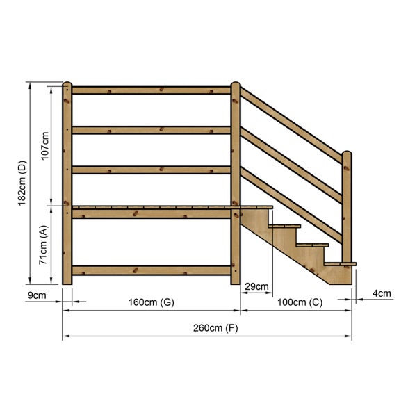 Technische Zeichnung einer Holztreppe mit Abmessungen