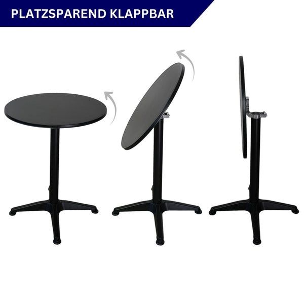 Klappbarer Bistrotisch zur platzsparenden Aufbewahrung