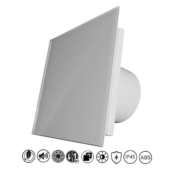 Quadratischer Badlüfter mit grauer Glasfront. Symbole für leisen Betrieb, Kugellager, Rückschlagklappe, IP45 Schutzart und ABS Kunststoff.