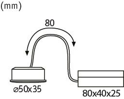 Maßskizze Einbaustrahler mit Treiber in Millimeter. Strahler Durchmesser 50 mal 35, Treiber 80 mal 40 mal 25, Abstand 80 Millimeter.