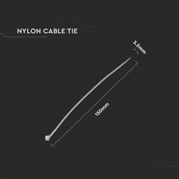 Nylon-Kabelbinder, Länge 150 Millimeter, Breite 3,5 Millimeter.