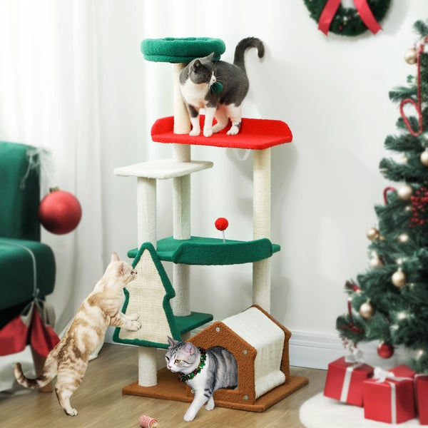 Mehrstöckiger Katzenbaum mit Kratzbaum, Katzenhaus und verspielten Katzen