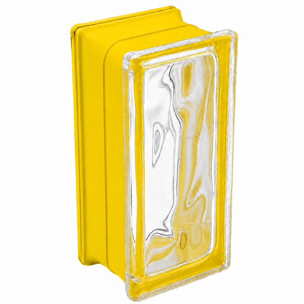 Gelber Glasbaustein im Format 19 mal 9 mal 8 Zentimeter mit Wellenstruktur für lichtdurchlässige Wände.