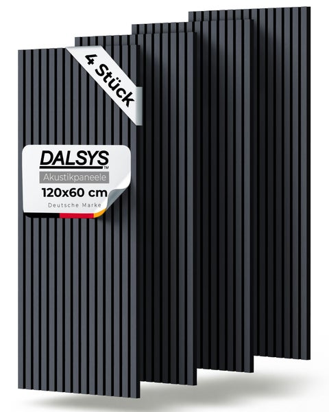 Set mit vier DALSYS Akustikpaneelen in dunkler Lamellenoptik, Maße 120 mal 60 Zentimeter, für Wand und Decke.