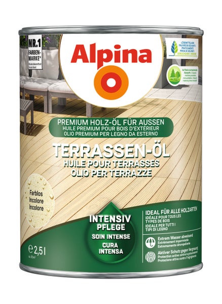 Alpina Terrassen-Öl farblos für den Außenbereich, 2,5 Liter, Intensivpflege für alle Holzarten, wasserabweisend und Schutz vor Vergrauung.