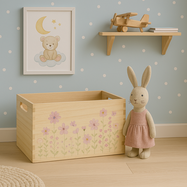 Kinderzimmer mit Holzkiste, Spielzeug und Wanddekoration