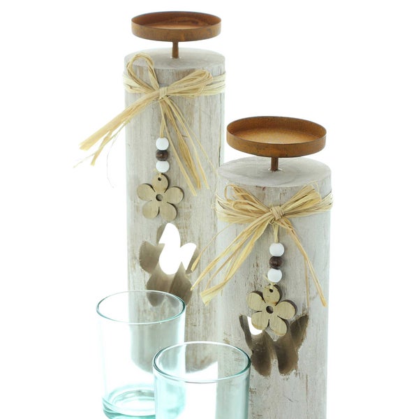 FRANK FLECHTWAREN | Windlicht Blüten, 2er Set, HOLZ, METALL, GLAS, BAST, 8 x 8 x 30 cm, 8 x 8 x 35 cm