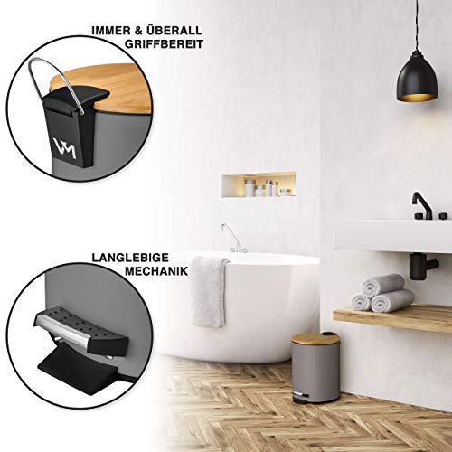 VMbathrooms 5L Kosmetikeimer in edlem grauem Design | Tretmülleimer mit Absenkautomatik (Soft Close) | Eleganter Eimer fürs Bad mit Innenbehälter und Bambus-Holzdeckel