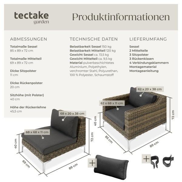 Modulares Rattanset tectake Villanova kein Aufbau 2 Mittelteile und Sessel mit Aluminiumgestell anthrazit-meliert