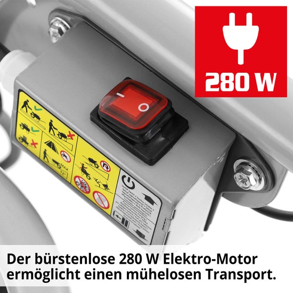 Detailansicht des 280 Watt Elektromotors mit Schalter und Sicherheitshinweisen