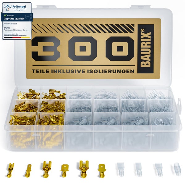 BAURIX® Flachsteckhülsen Set 300 Stück I 2,8 mm 4,8 mm 6,3 mm I Steckverbinder Sortiment I Flachstecker Männlich & Weiblich I Isolierte Kabelstecker