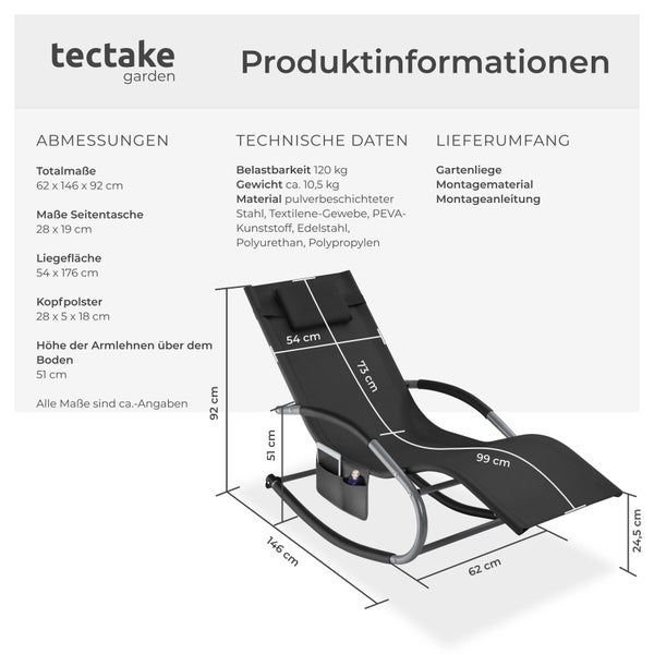 Gartenliege tectake Taya abnehmbares Kopfpolster, seitliche Aufbewahrungstasche ergonomisch, mit Komfort-Schwingbewegung schwarz