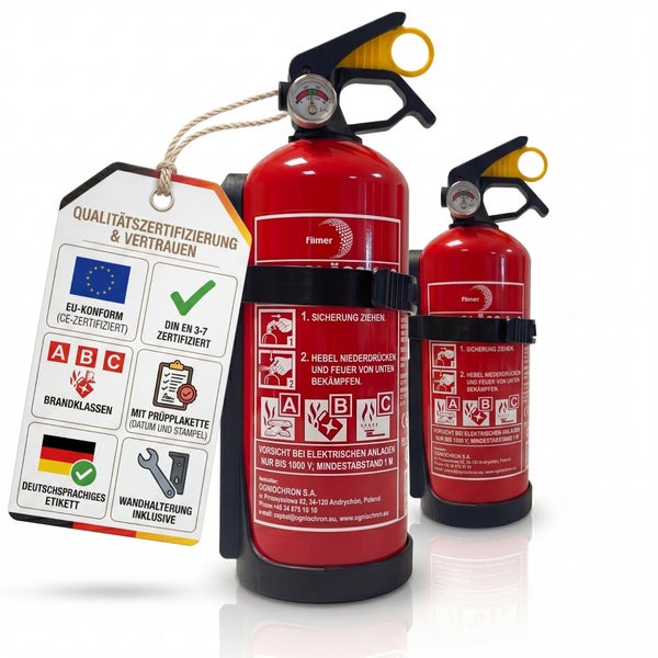 Zwei Feuerlöscher mit Informationsanhänger zur Zertifizierung und Anwendung, geeignet für Brandklassen A, B und C inklusive Wandhalterung.