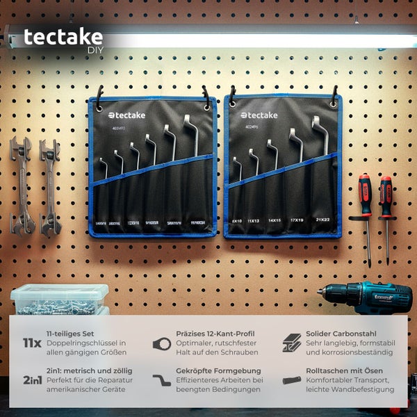 tectake Doppelringschlüssel Set zur Wandbefestigung mit Schraubenziehern und Bohrmaschine