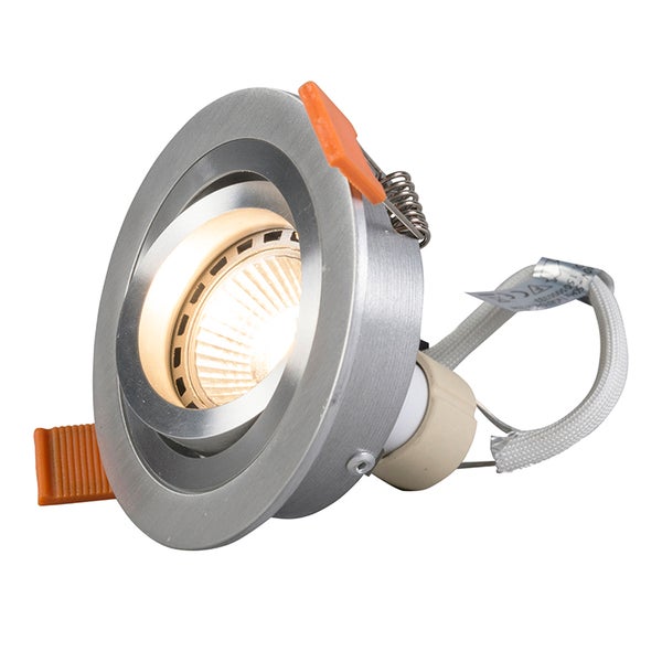 Einbaustrahler, rund, schwenkbar, Metall gebürstet mit orangefarbenen Montageklammern und LED Leuchtmittel.