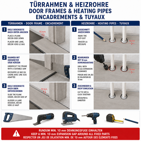 Anleitung zur Verlegung von Bodenbelag bei Türrahmen und Heizrohren mit Hinweisen auf Dehnungsfugen von zehn Millimetern und benötigtes Werkzeug.