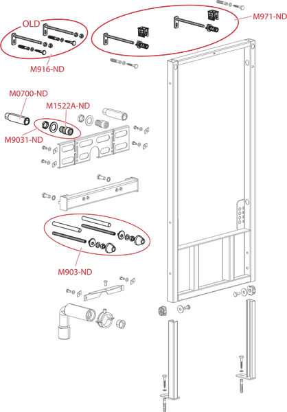 Explosionszeichnung eines Vorwandelements für Toiletten mit Ersatzteilen, Befestigungsmaterialien und Artikelnummern.