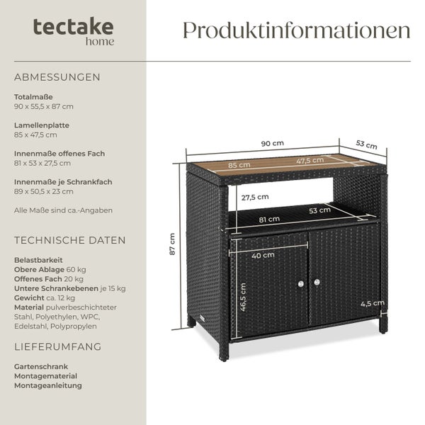 tectake home Logo. Produktblatt für Gartenschrank mit Abmessungen in Zentimeter und technischen Daten. Polyrattan-Optik mit Holz-Kunststoff-Platte.