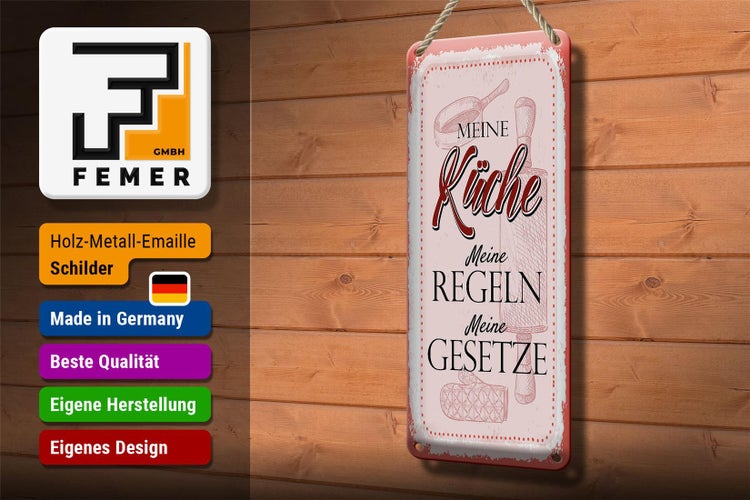 Blechschild Spruch Meine Küche meine Regeln 10x27cm Dekoration