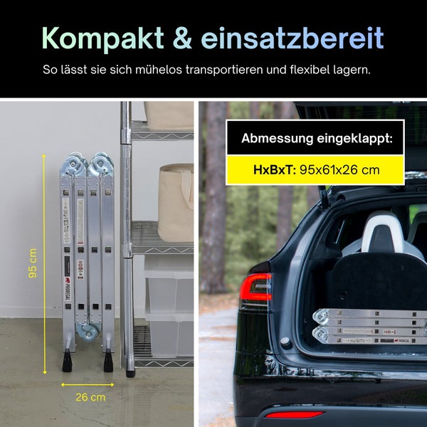 Zusammengeklappte Mehrzweckleiter aus Aluminium neben einem Regal und im Kofferraum eines Autos, Maße 95 mal 61 mal 26 Zentimeter.