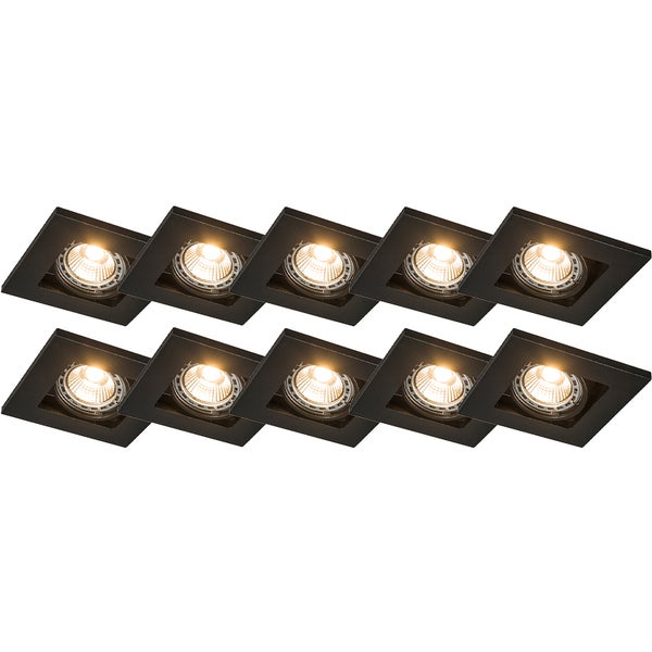 Set aus zehn schwarzen, quadratischen Einbauspots mit eingeschalteten warmweißen Leuchtmitteln.