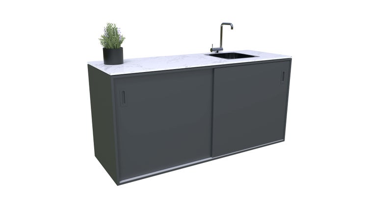 Gartenschrank mit Spüle, Armatur und Pflanze