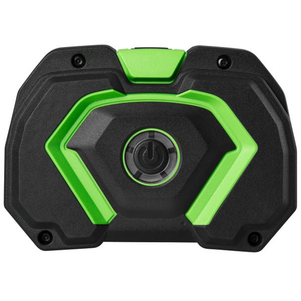 Rückansicht einer robusten Arbeitsleuchte aus schwarzem und grünem Kunststoff mit einem zentralen Ein- und Ausschalter.