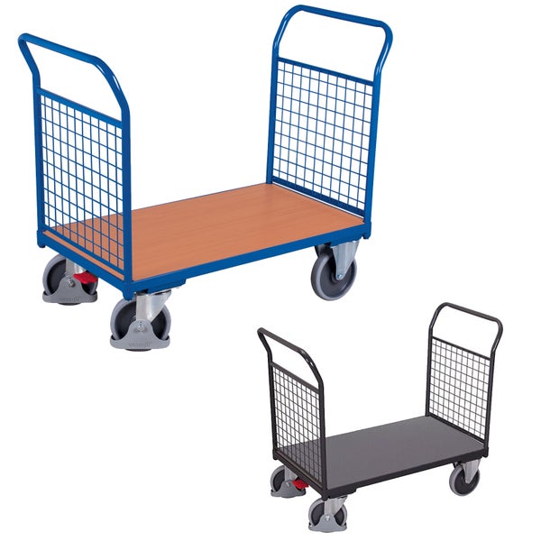 Transportwagen mit zwei Stirnwänden aus Drahtgitter, Stahlrahmen, Holzplattform und vier Rollen.