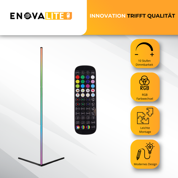Enovalite Logo, RGB Farblicht-Stehlampe mit Fernbedienung, 10 Stufen Dimmbarkeit, leichte Montage, modernes Design