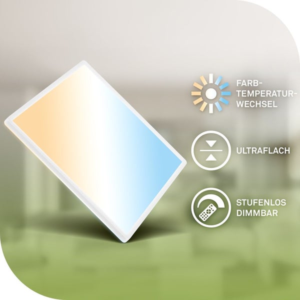 Rechteckiges LED Panel mit einstellbarer Farbtemperatur, ultraflachem Design und stufenloser Dimmfunktion inklusive Fernbedienung.