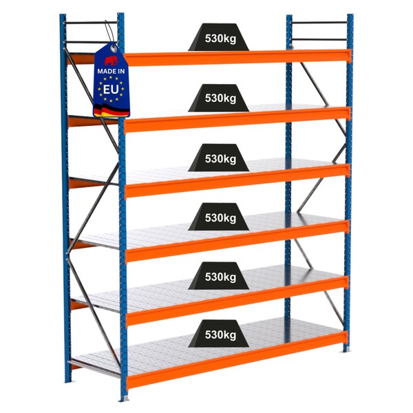 Lagerregal mit sechs Ebenen und einer Traglast von 530 Kilogramm pro Ebene