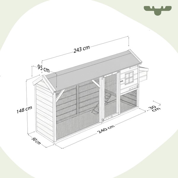 Illustration eines Hühnerstalls mit den Maßen 243 mal 240 mal 90 Zentimeter.