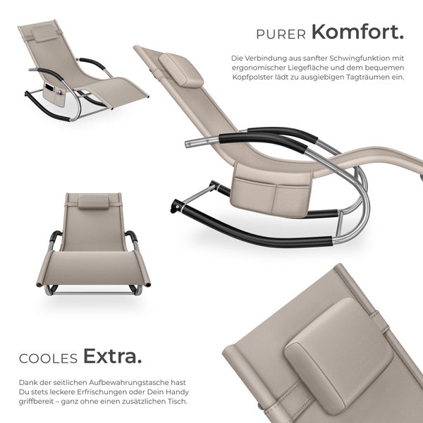 Ergonomische Schaukelliege mit Metallgestell, Kopfpolster und seitlicher Aufbewahrungstasche aus Textilgewebe.