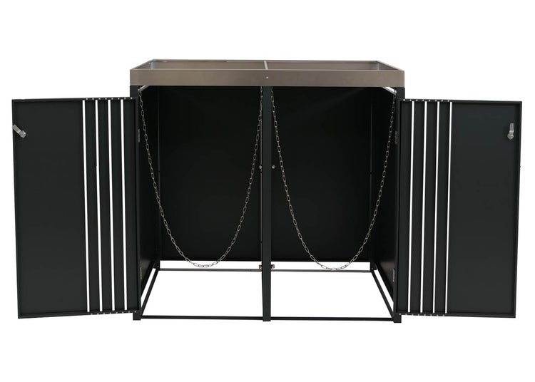 Mülltonnenbox für zwei Mülltonnen mit geöffneten Türen